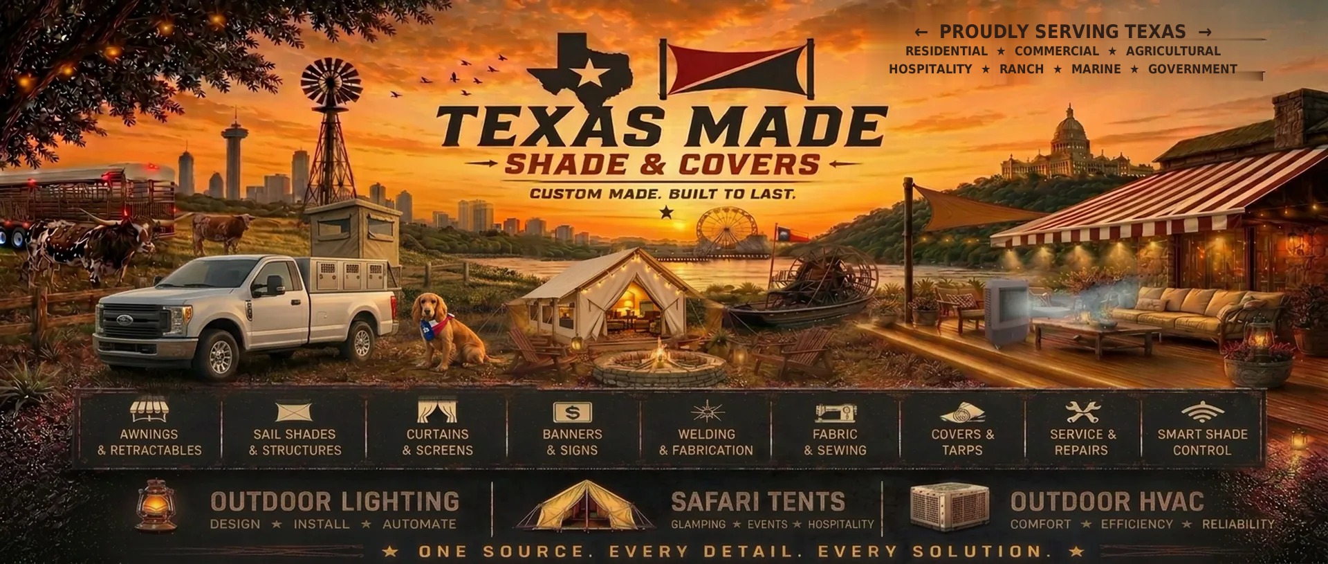 Texas Made Shade & Covers — custom awnings, retractable awnings, sail shades, curtains, covers and fabrication proudly serving Texas