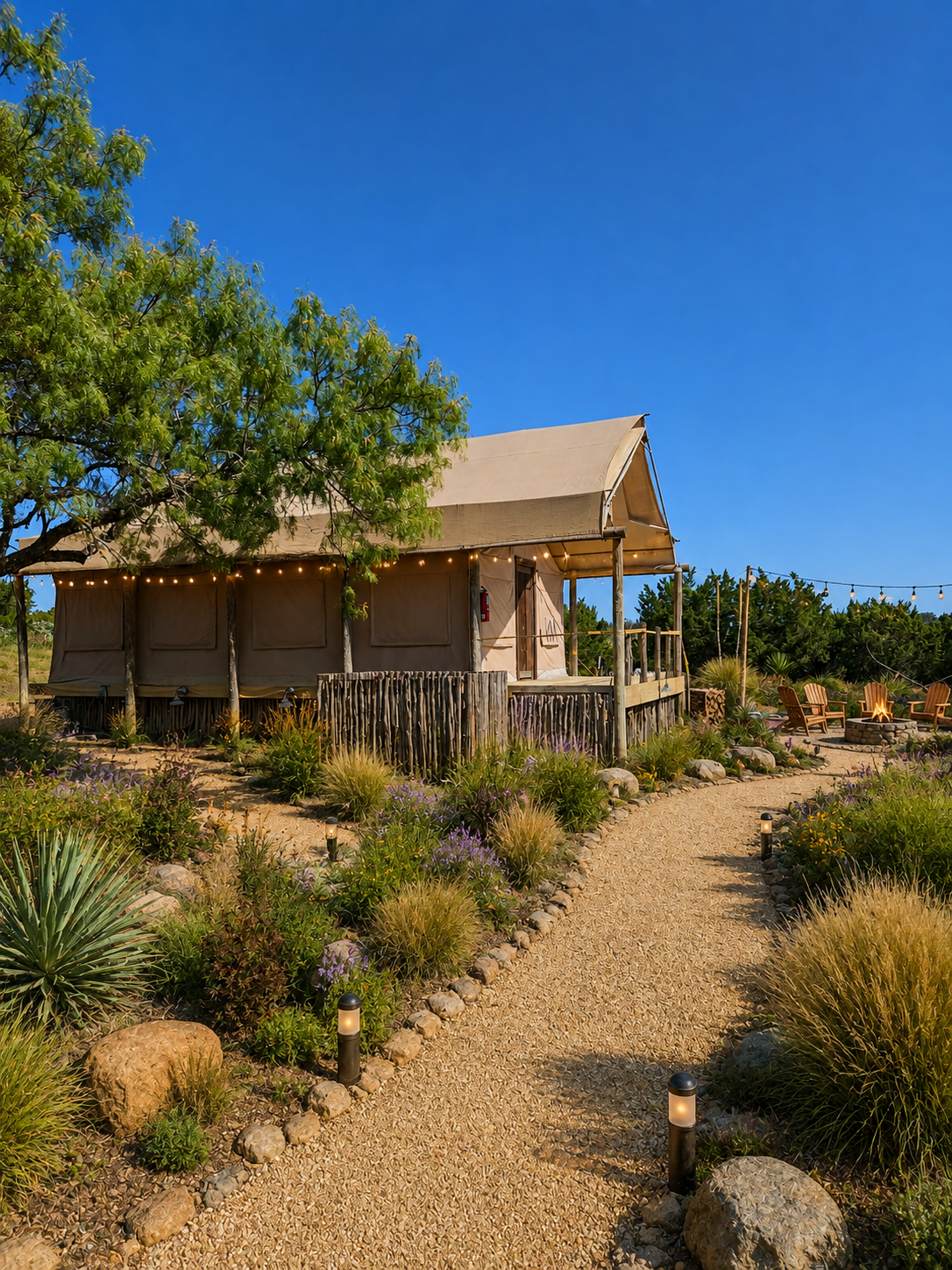 Custom canvas glamping tent with covered wooden deck porch in the Texas Hill Country, built by Texas Made Shade for outdoor hospitality and luxury camping
